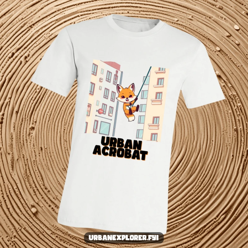 Funny t-shirt showing a playful fox character rappelling down an urban building, a humorous design for adventurers.