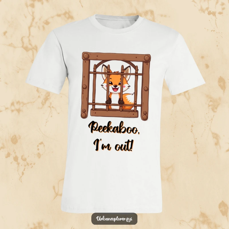 Funny T-Shirt: A brave little fox with an excited smile peeks through a rusty, barred window.