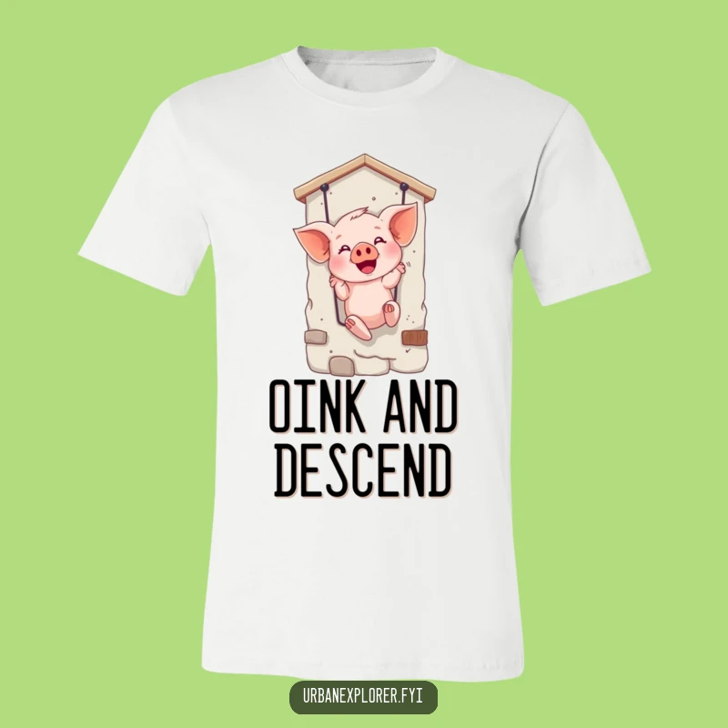 Funny Giggling Piglet Rappelling T-Shirt - Hilarious Adventure Tee