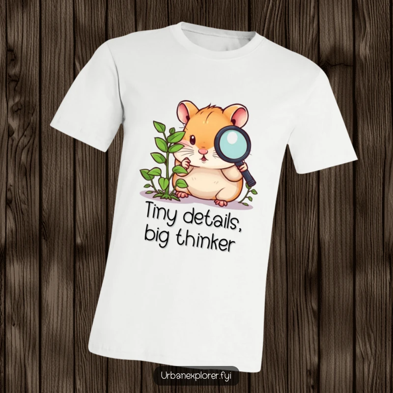 Funny hamster t-shirt, a curious hamster with a magnifying glass, closely examining a tiny overgrown weed, a nature explorer.