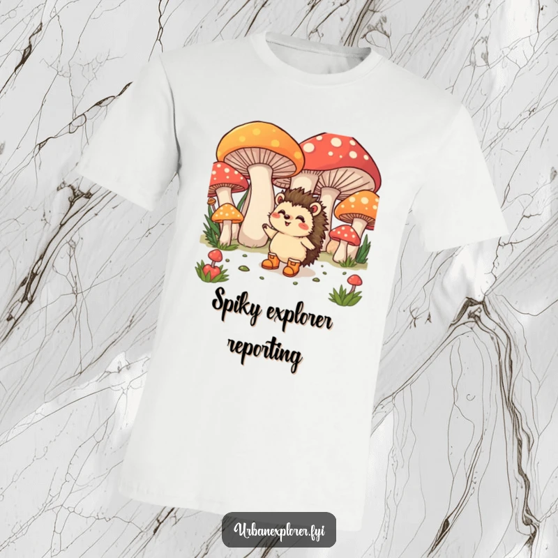 Funny T-Shirt: A happy hedgehog wearing small boots excitedly explores giant, colorful mushrooms in a magical setting.