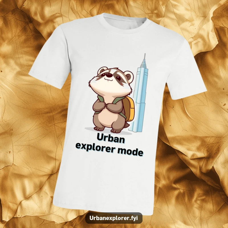 Funny Kawaii badger with a backpack, looking upwards at a massive building, printed on a soft t-shirt.