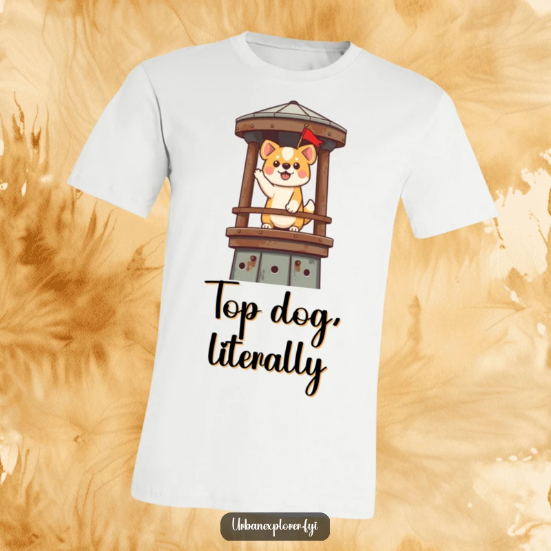 Funny Kawaii Dog T-Shirt: A kawaii dog triumphantly plants a tiny flag on a rusty water tower, exuding playful victory.