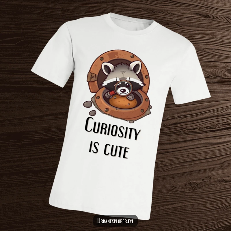 Funny kawaii t-shirt featuring a raccoon using a magnifying glass to peek into a rusty manhole, embodying a cute investigator.