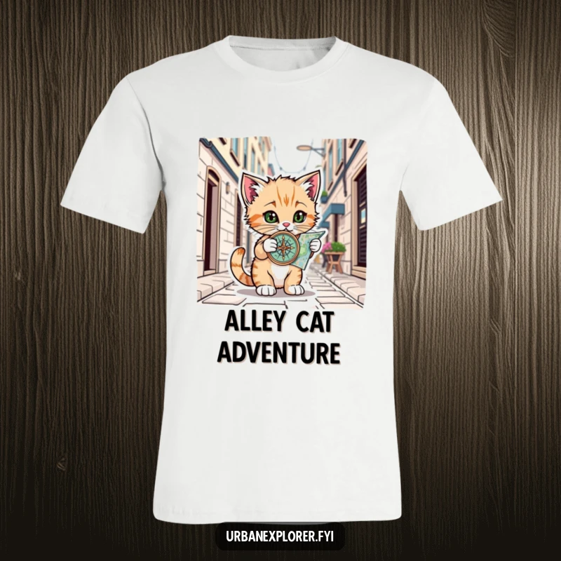 Funny Kitten Urban Navigator T-Shirt: Kitten with compass on city map, enjoying urban exploration, ideal funny gift.