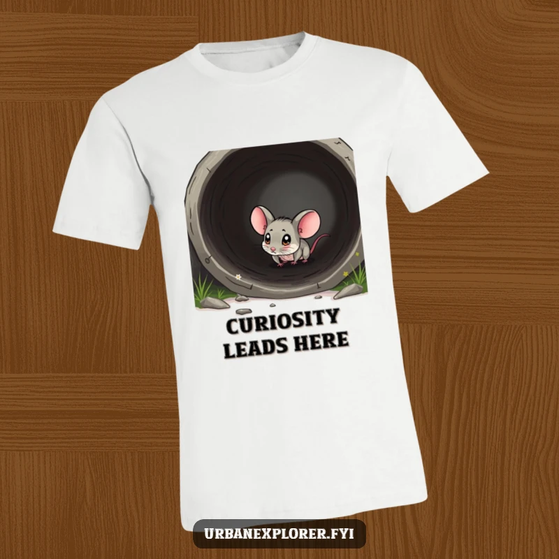 Funny mouse t-shirt with a tiny mouse exploring a discarded pipe, emphasizing curiosity and small-scale adventure.