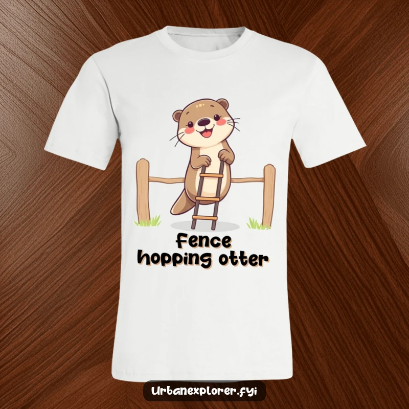 Funny otter character eagerly climbing a small ladder over a fence, showcasing a humorous and determined spirit on a tee.