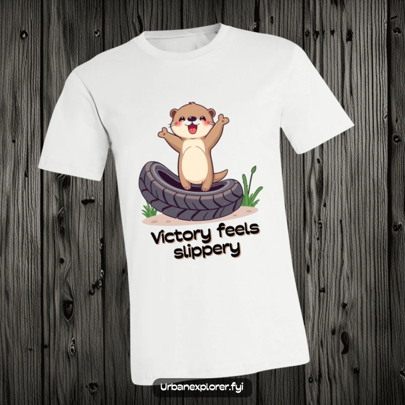 Funny Otter T-Shirt: Otter triumphantly balancing on a tire, symbolizing achievement and playful control, a unique and funny statement.