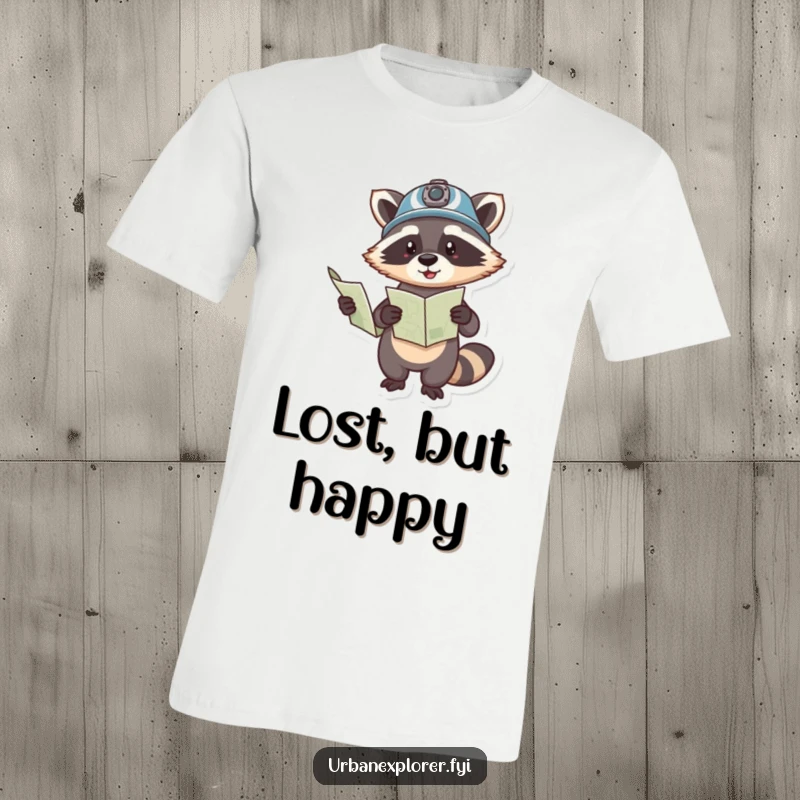Funny t-shirt graphic of a playful raccoon in a helmet, holding a map and pointing, ready for an adventure.