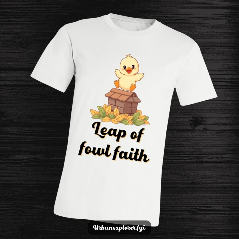 Funny t-shirt of a smiling duckling leaping from a low roof onto soft leaves, embodying carefree fun and bravery.