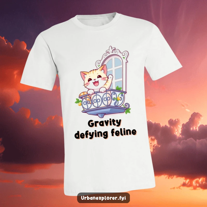 Funny cat t-shirt featuring a gleeful cat rappelling down a balcony with a determined and adventurous look.