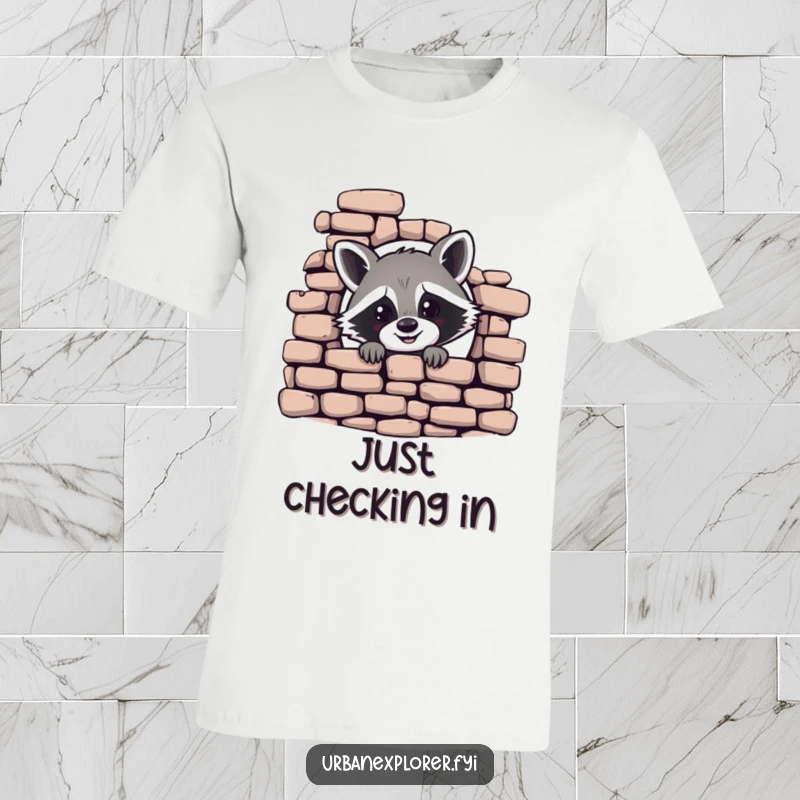 Funny t-shirt depicting a cheerful raccoon peeking from behind a crumbling brick wall, a humorous and playful design.