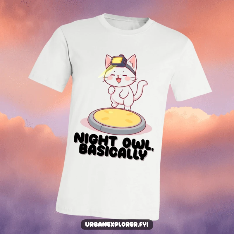 Funny giggling white kitten wearing a headlamp, bouncing on a manhole cover, depicted on a humorous t-shirt.
