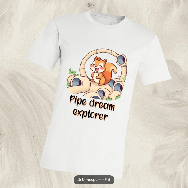 Funny t-shirt illustrating a joyful squirrel navigating a challenging maze made of tiny pipes. A humorous depiction of exploration.