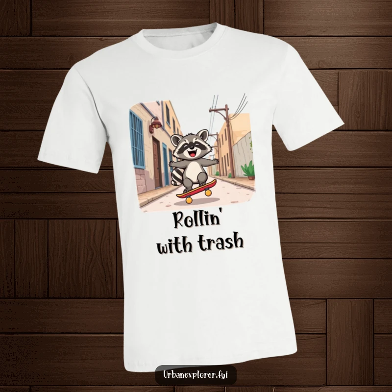 Funny T-Shirt: A joyful Kawaii raccoon character skillfully riding a skateboard down a deserted alley with a cool attitude.