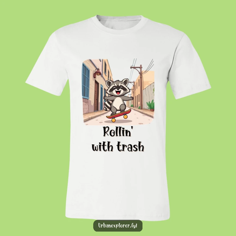 Funny Kawaii Raccoon Skateboard T-Shirt: Joyful Rider on a Deserted Alley Cruise!