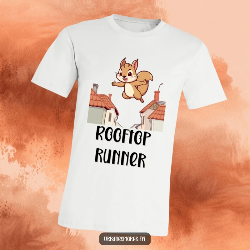 Funny t-shirt depicting a determined squirrel leaping between rooftops, a humorous design for ambitious individuals.
