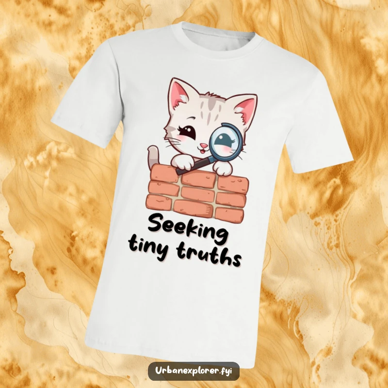 Funny T-Shirt showcasing a focused kitten character peering through a magnifying glass at a weathered brick texture, highlighting keen observation.