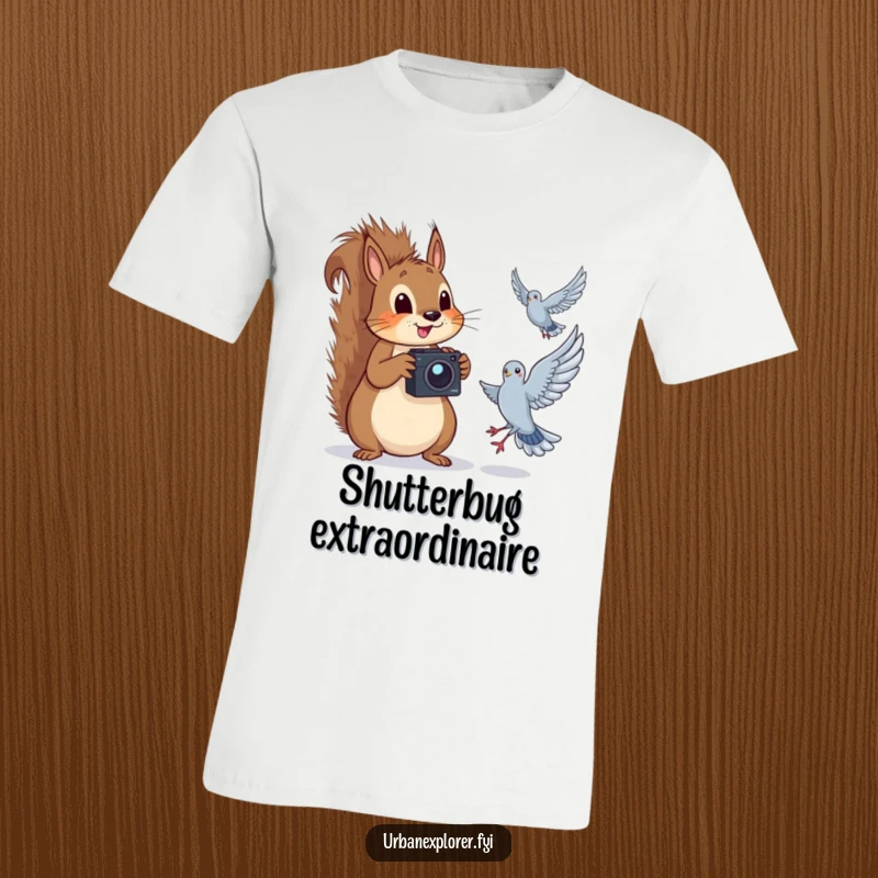Funny squirrel holding a camera, humorously aiming at a pigeon in flight, printed on a t-shirt.
