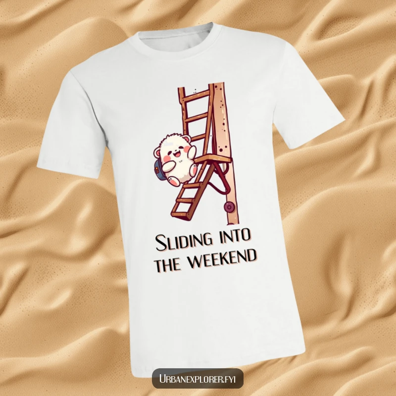 Funny fluffy creature with a backpack sliding down a rusty fire escape, printed on a comfortable and vibrant t-shirt.