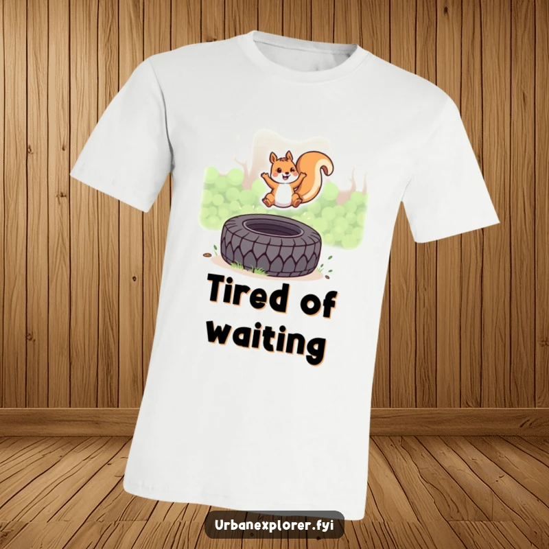 Funny Kawaii Squirrel T-Shirt, cute squirrel joyfully leaping over a tire, energetic and fun illustration, perfect funny gift.