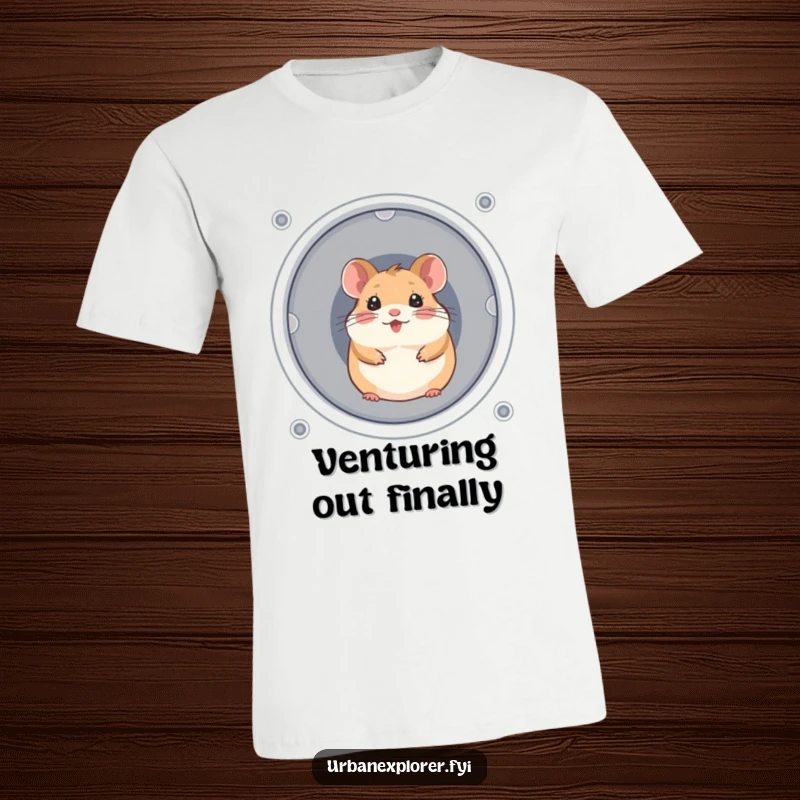 Funny, cheerful hamster peeking out from a ventilation shaft, printed on a t-shirt.