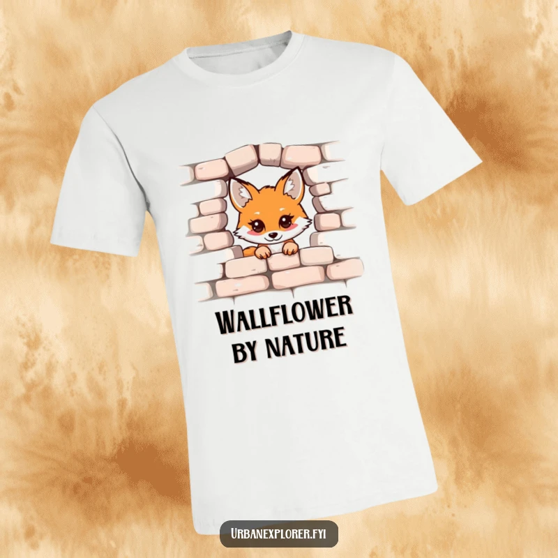 Funny Kawaii Fox T-Shirt, adorable fox peeking from a crumbling brick wall, expressive and cute, a perfect funny gift.