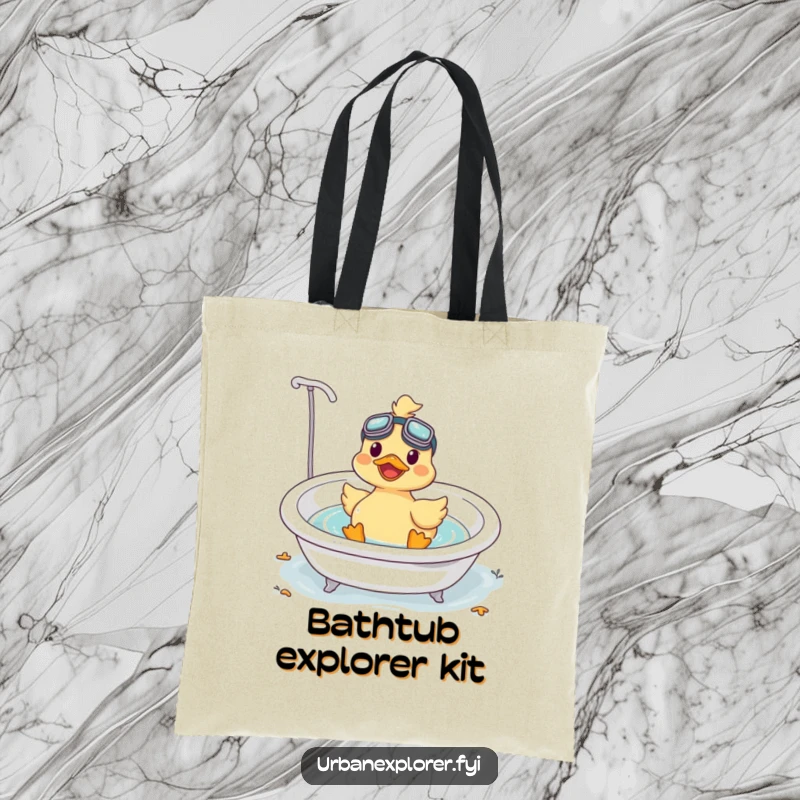 Funny Kawaii duck with goggles, floating happily in a bathtub, printed on a durable and stylish tote bag.