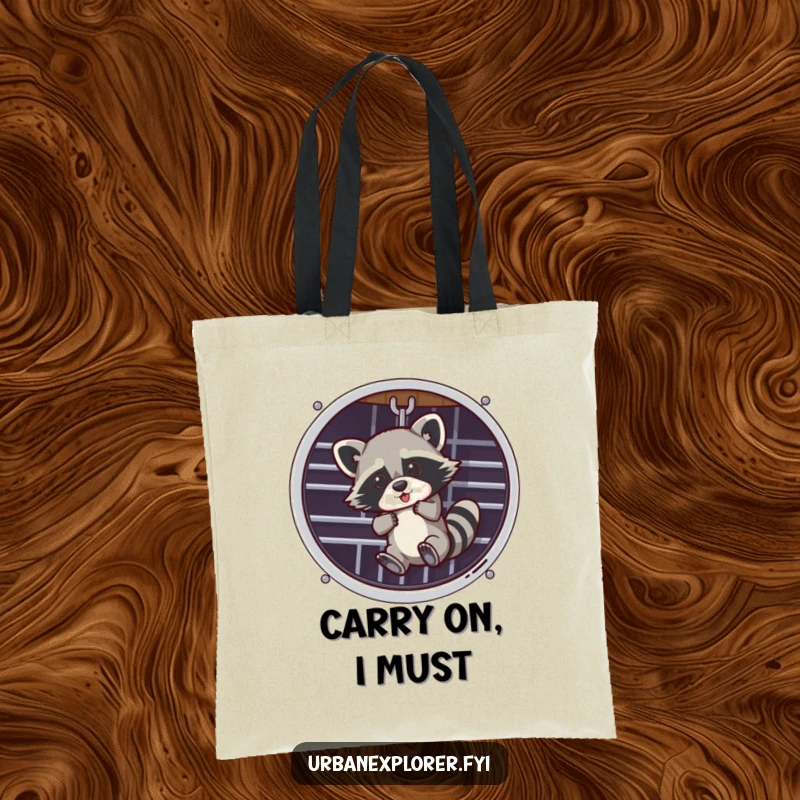 Funny tote bag with a raccoon dangling from a ventilation grate, ideal for carrying items with a humorous touch.