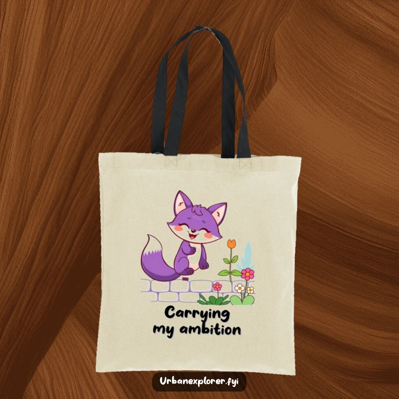 Funny purple fox with a determined grin climbing a garden wall, printed on a durable and stylish tote bag.