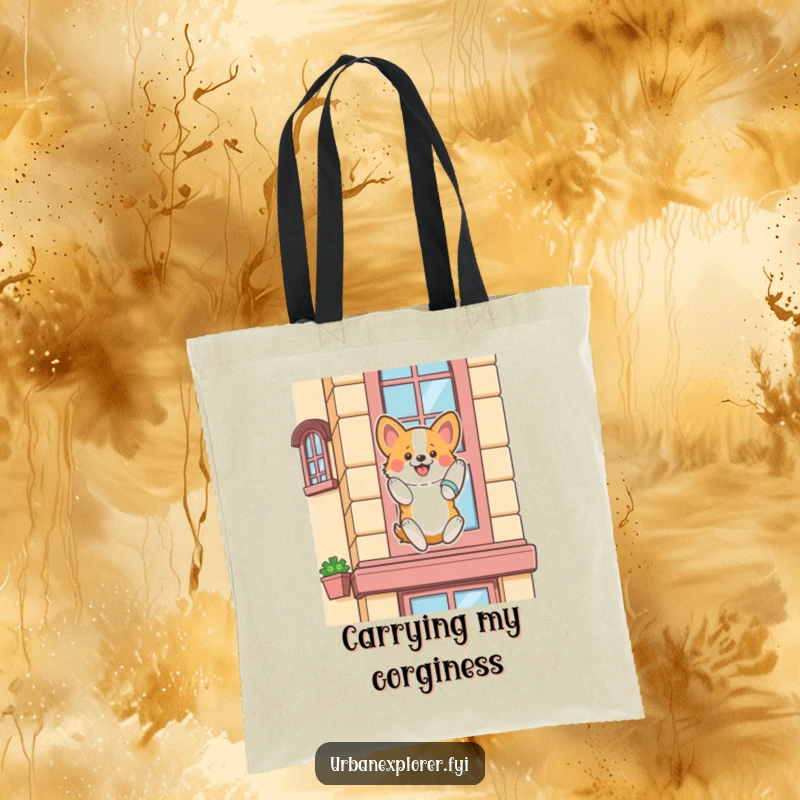 Funny corgi tote bag, a fluffy corgi enthusiastically rappelling down a stylized building facade, a practical and funny accessory.