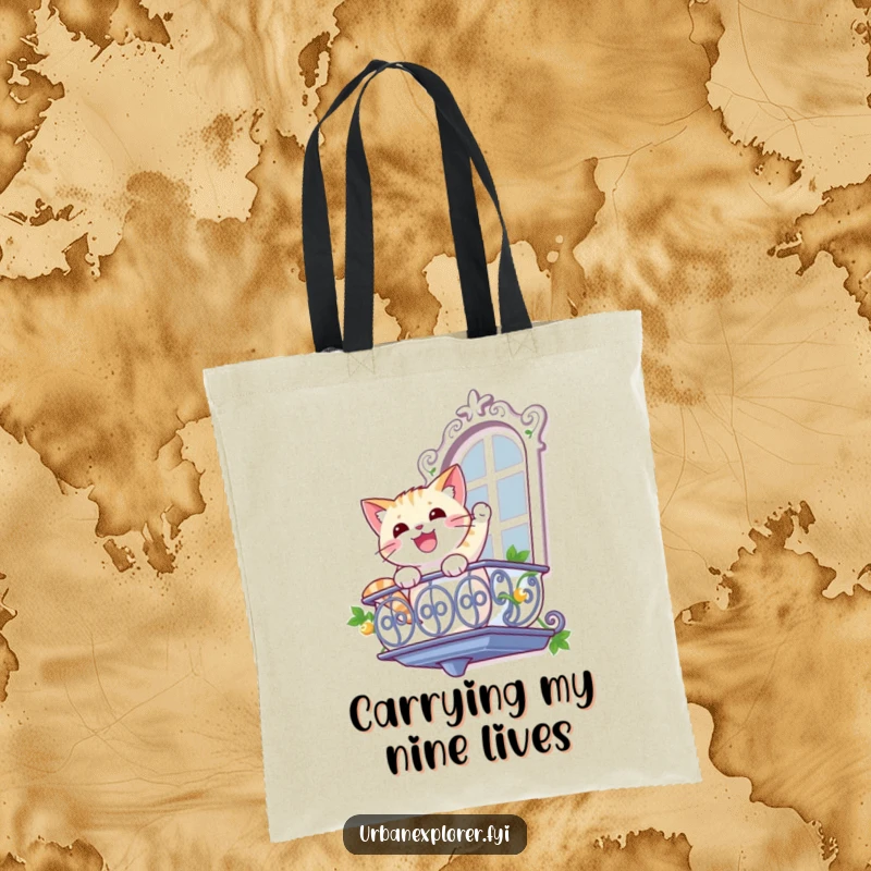 Funny cat tote bag depicting a gleeful cat bravely rappelling down a balcony, perfect for carrying essentials humorously.