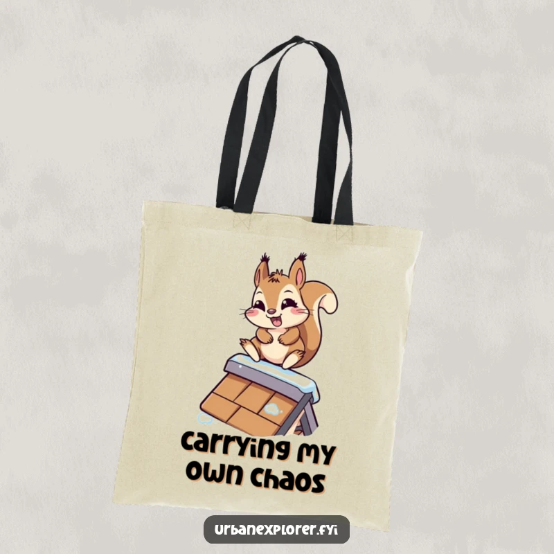 Funny Kawaii Squirrel Tote Bag: A cute squirrel grins while sliding down a slippery rooftop, perfect for carrying essentials with humor.