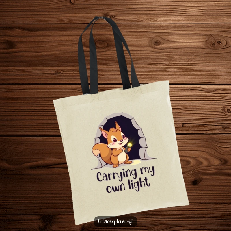 Funny squirrel tote bag showcasing a brave explorer with a tiny flashlight, peeking into a mysterious dark opening.