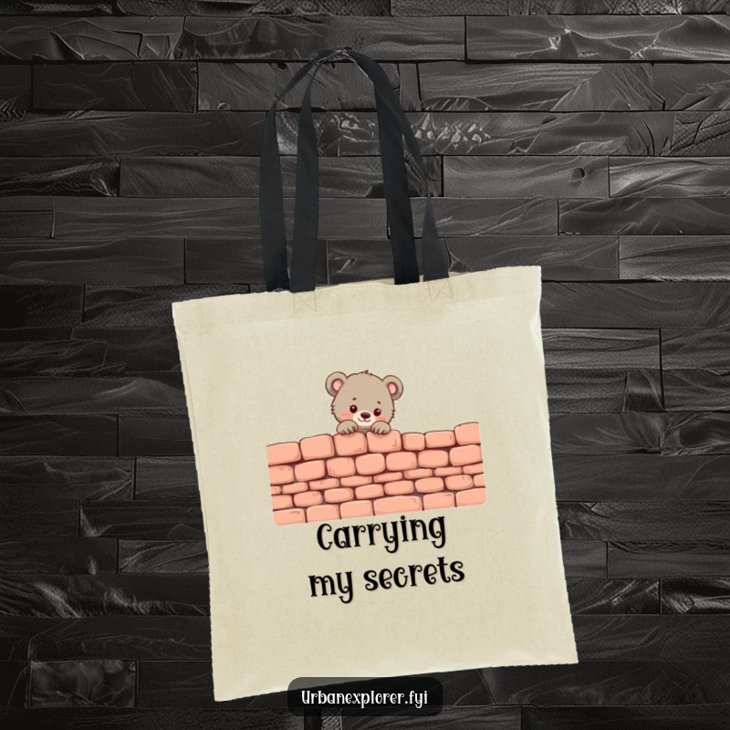 Funny Bear Cub Tote Bag: A tiny bear cub peeks over a crumbling brick wall, perfect for carrying daily items.