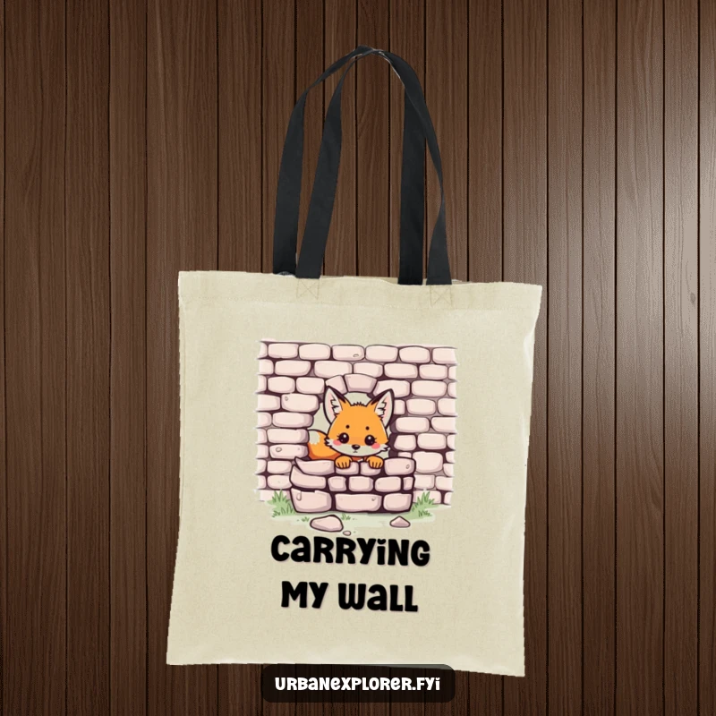 Funny Kawaii fox tote bag featuring a small, cute fox peeking from behind a weathered brick wall, ready for adventures.