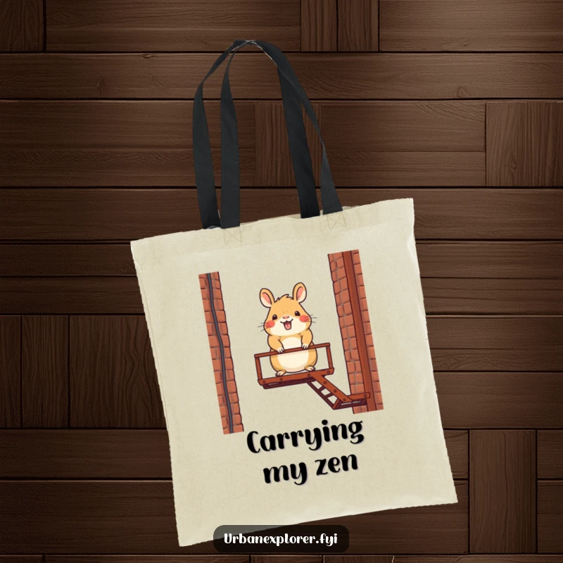 Funny tote bag with a whimsical capybara character balancing gracefully on a rusty fire escape, carrying smiles.