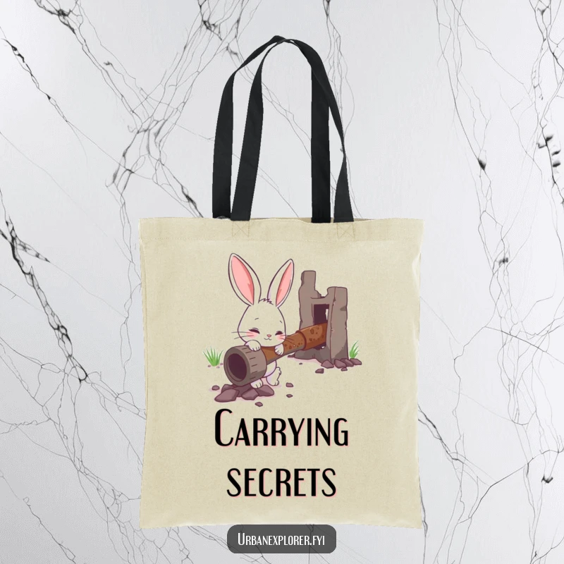 Funny tote bag featuring a curious bunny character examining a rusty pipe, a humorous and practical accessory.