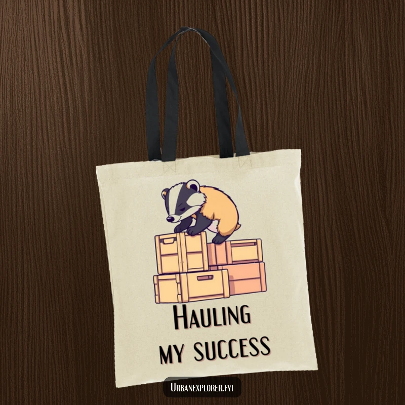 Funny badger character climbing stacked crates with determination, a strong and funny gift tote bag.
