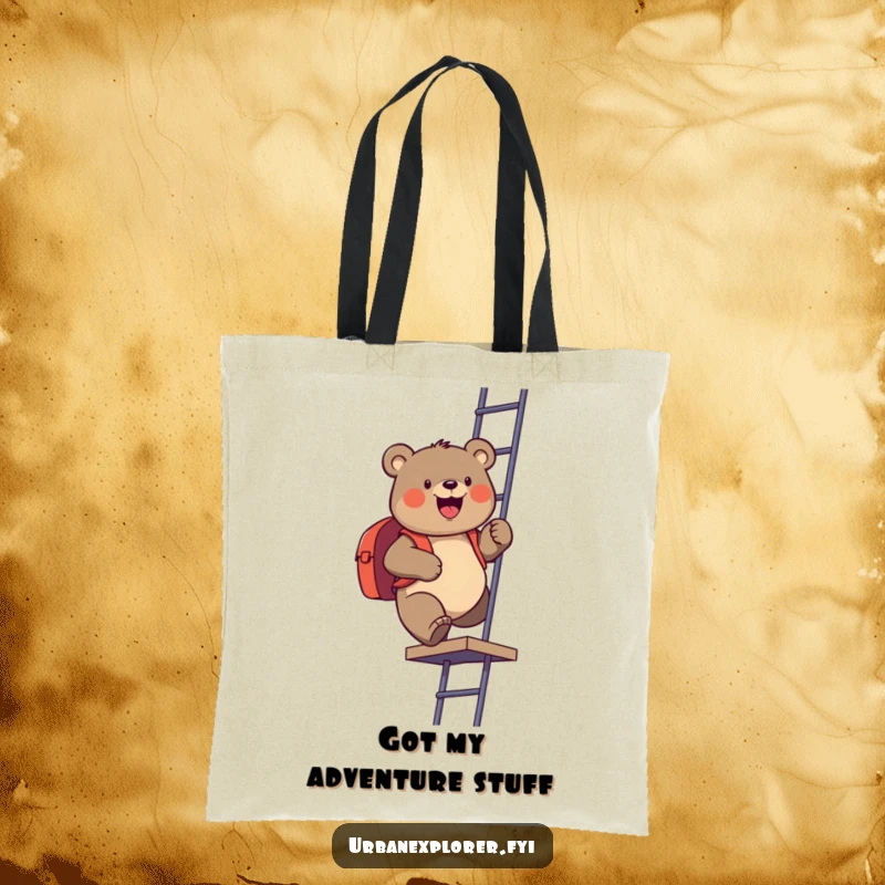 Funny tote bag showcasing a gleeful bear with a backpack climbing a fire escape, perfect for carrying daily items with a humorous touch.