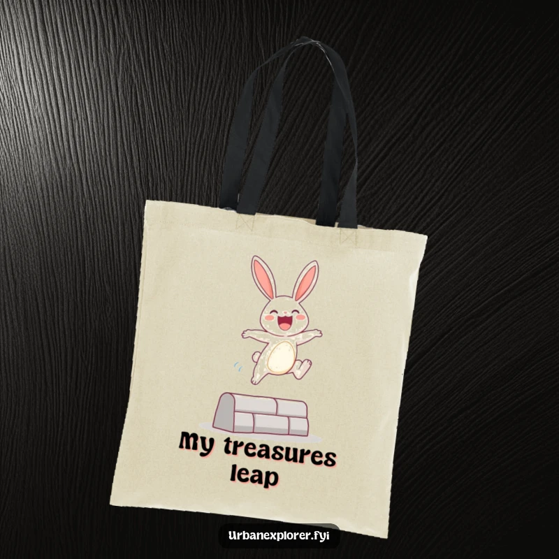 Funny Tote Bag showcasing a joyful bunny character mid-leap over an urban obstacle, perfect for carrying daily necessities with a positive attitude.