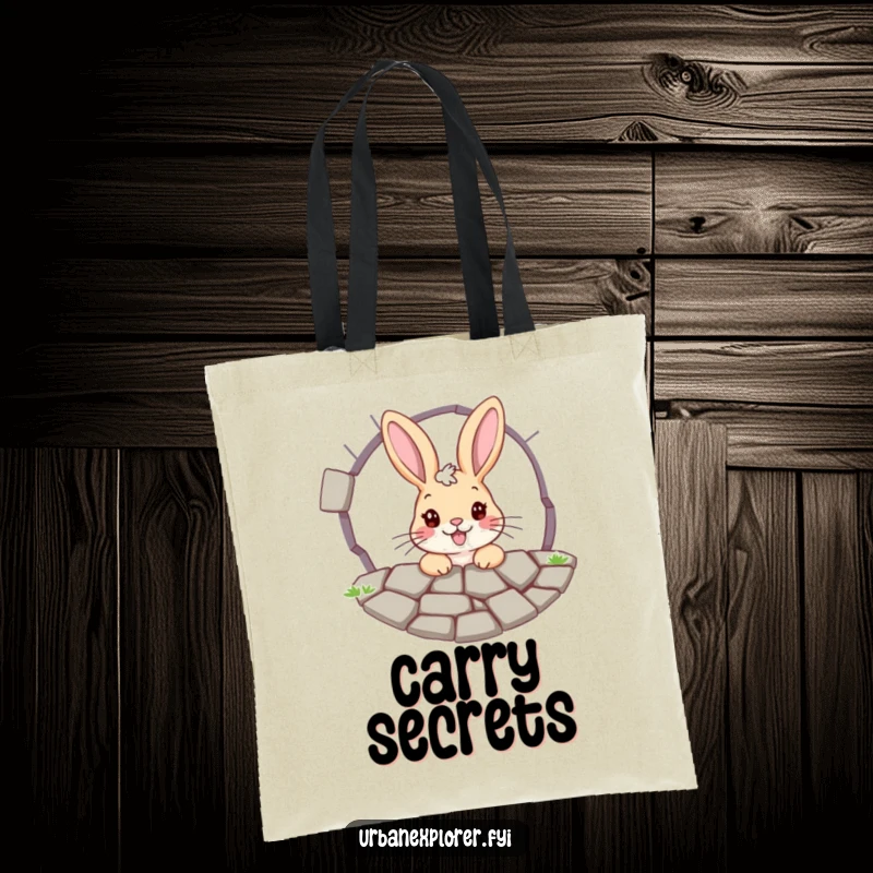 Funny bunny tote bag: a cheerful bunny peeking through a cracked pavement grate, showcasing curiosity and a whimsical personality.