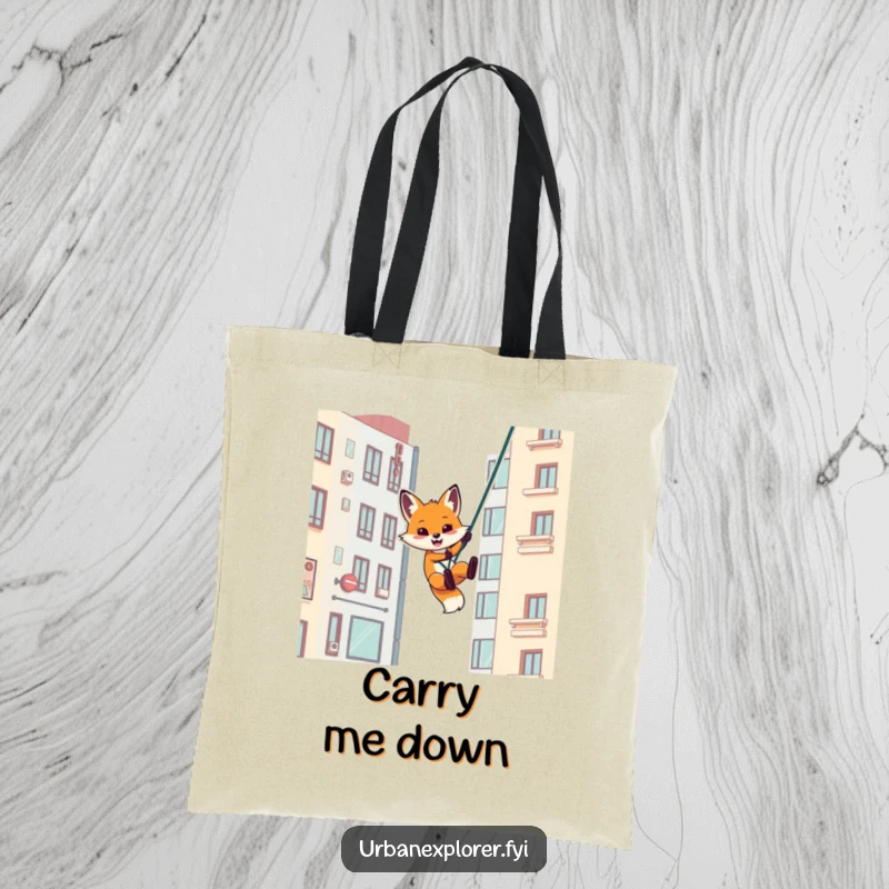 Funny tote bag featuring a playful fox rappelling down an urban building, a humorous and practical accessory.