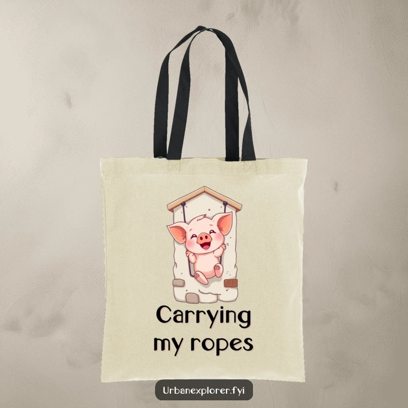 Funny tote bag showing a giggling piglet rappelling with a determined yet happy expression, ideal for carrying daily items.