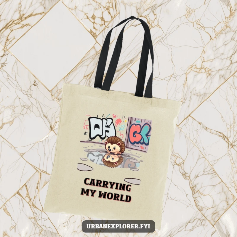 Funny curious hedgehog reflected in a puddle near a graffiti wall, printed on a durable and fashionable tote bag.