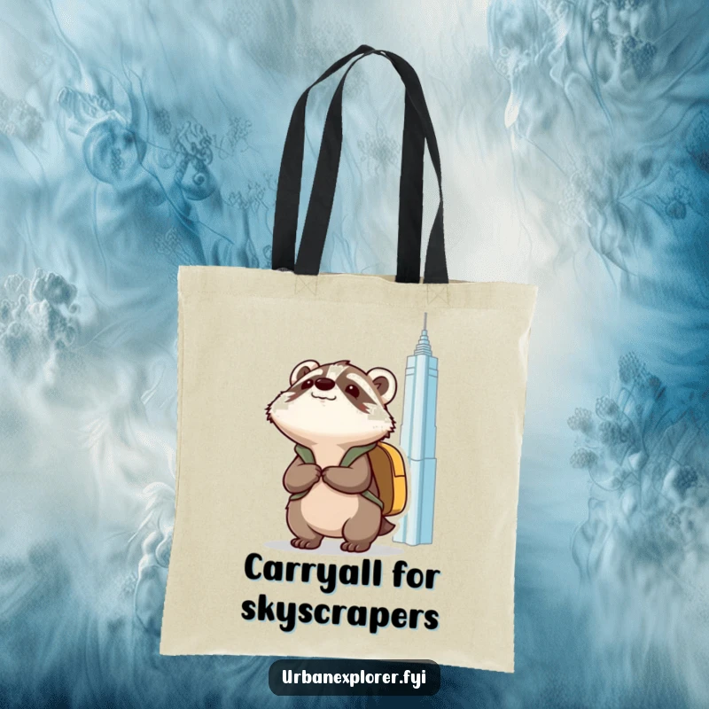 Funny Kawaii badger with a backpack, enthusiastically looking up at a skyscraper, on a durable tote bag.