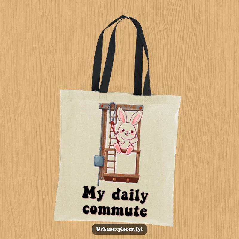 Funny Kawaii Bunny Tote Bag, cute bunny rappelling down a rusty fire escape, practical and stylish, great funny gift.
