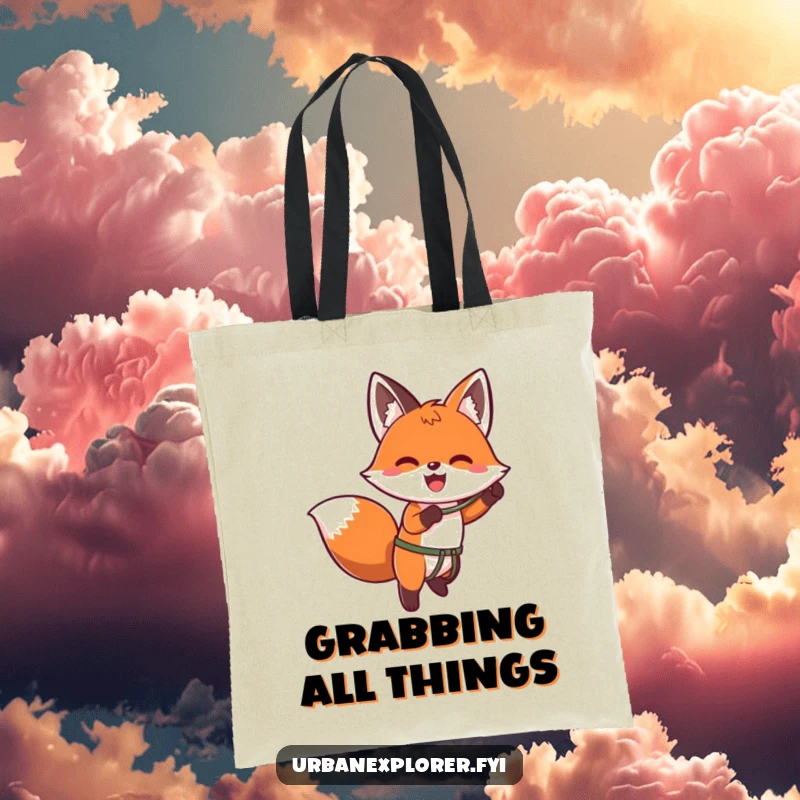 Funny kawaii tote bag showing an enthusiastic fox using a grappling hook to ascend a wall, symbolizing daring exploration.