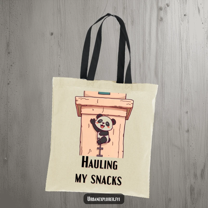 Funny kawaii tote bag showing a panda joyfully scaling a weathered building facade, symbolizing ambition and determination.