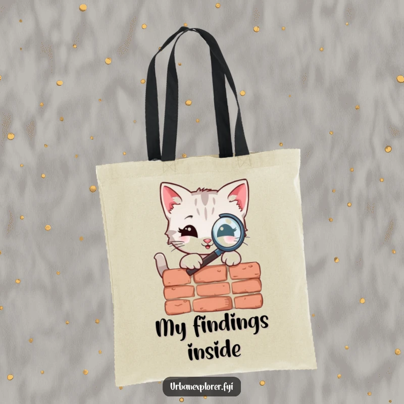 Funny Tote Bag with a smiling kitten character examining a brick closely with a magnifying glass, ideal for carrying everyday items.